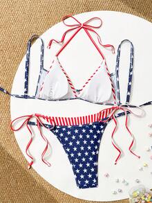 Swim Mod Bộ đồ bơi mùa hè cho nữ, 2 món, họa tiết ngẫu nhiên, áo bơi buộc dây sau lưng và quần bikini, bộ bikini bất đối xứng in hình cờ Mỹ, sọc sao, đồ bơi 2 trong 1 sọc đỏ gợi cảm - Nhiều màu - Xem 2
