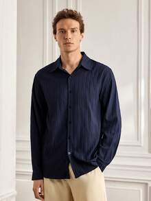 Officeau Men's Casual Basic Ribbed Ribbed Textured Fabric Button-Up Long Sleeve Collared Shirt - Navy Blue - View 5