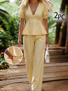 Women's Cream Yellow Princess Sleeve Slimming V-Neck Blouse + Straight Leg Pants 2 Pieces Commuter Set - Light Yellow - View 9