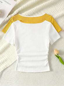 SHEIN Set de 2 camisetas de manga corta con cuello en U, fruncido y decoración de lazo en color contrastante, cómodas y casuales para niñas preadolescentes - Amarillo - Ver 2