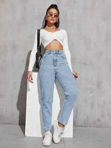 Women's Light Wash Distressed Tapered Casual Jeans - Baby Blue - View 4