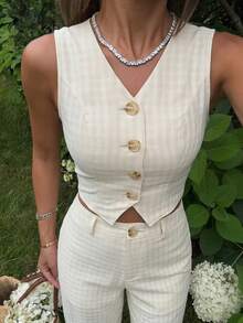 Modelyn Women's Elegant Sexy Commuter Golf Vest And Pants Set White Summer - Khaki - View 2