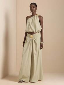 Vesra Spring/Summer New Ginkgo Leaf Decor Ruched Elastic Waist Cold-Shoulder Fashionable Blouse For Women - Khaki - View 5