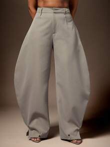 Vixey High Waisted Barrel Office Pants With Gold Button Cuffs - Grey - View 2