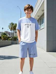 SHEIN 2件套青少年男童夏季撞色字母拼接圆领短袖T恤和户外休闲时尚3D字母运动短裤 - 藍白色 - 查看 6