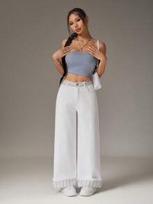 SHEIN PETITE 女士条纹口袋阔腿宽松休闲牛仔裤 - 彩色 - 查看 6