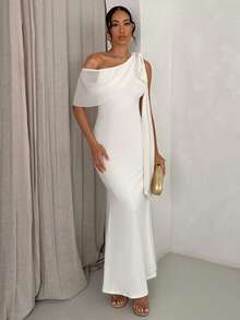 Glamine 女士性感度假、派对和约会长款单肩鱼尾荷叶边连衣裙 - 杏色 - 查看 1