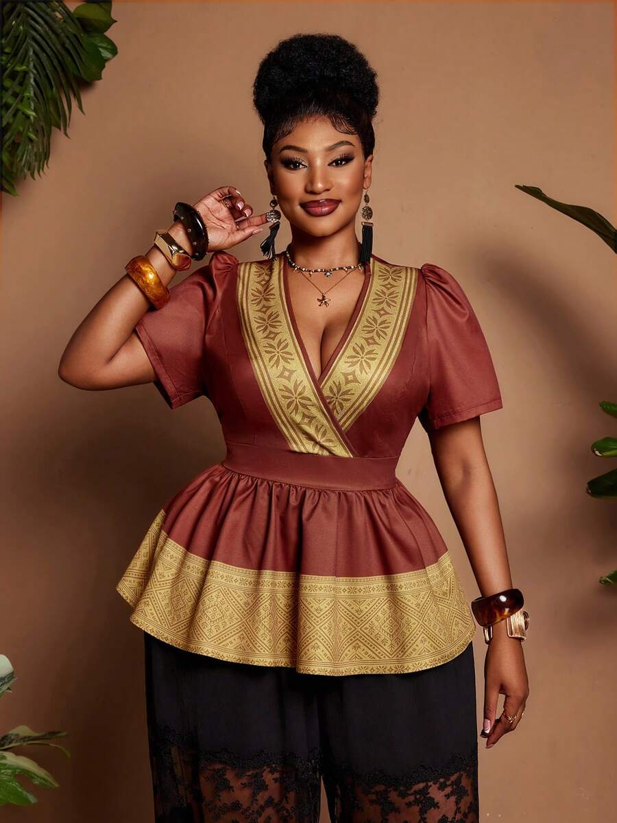 Maweii Blusa elegante de mujer con cuello en V, cintura ceñida, mangas abullonadas y dobladillo con volantes estampados, adecuada para uso diario, fiestas y trabajo - Marrón - Ver 1