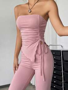 SHEIN EZwear 两件套：莲花粉色褶皱抹胸上衣和喇叭裤 - 藕粉色 - 查看 4