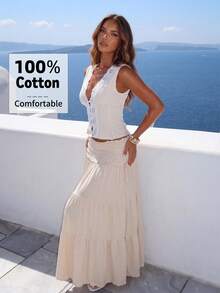 Aloruh Elegant Cream White Color Lace Trim Sleeveless Blouse For Summer Holiday Vacation - Apricot - View 6