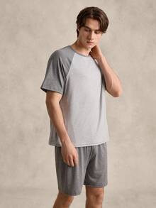 EverLounge 2 件套 男士 撞色插肩袖上衣和短裤 家居服套装 - 灰色 - 查看 1