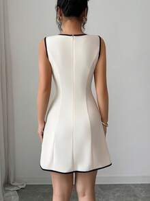 Elenzga Vestido elegante y romántico para mujer con cuello redondo sin mangas, bloque de color, parches de tela y cintura en línea A - Albaricoque - Ver 2