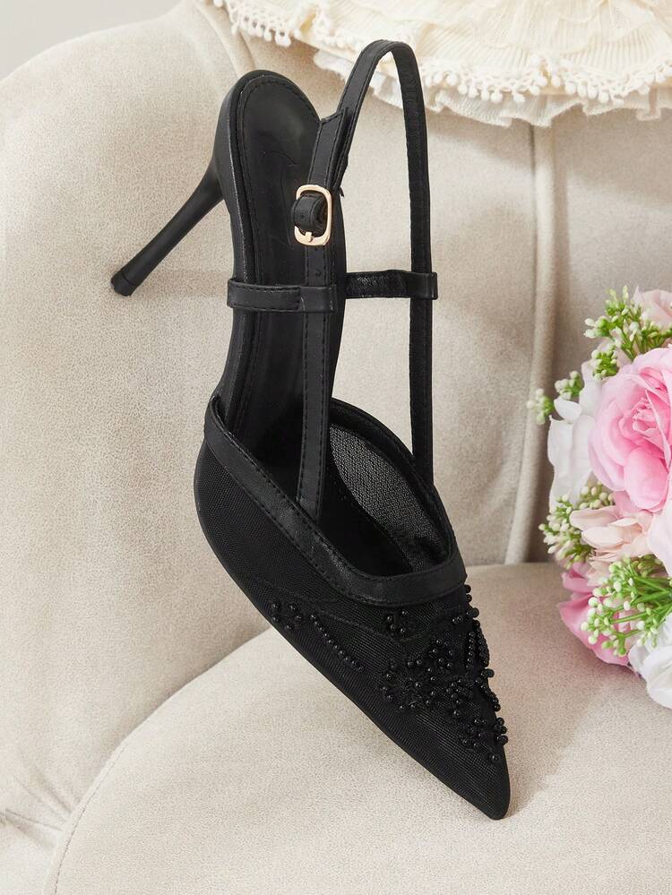 CUCCOO HITCHD Women Shoes Spring Summer Elegant Pearl Embroidery After Empty Tip Hasp Stiletto Mesh 9cm Women's High Heel Shoes Daily Dating Party Wedding
