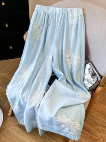 Pantalones anchos de cintura elástica con estampado floral, de uso versátil y casual para uso diario - Azul - Ver 11