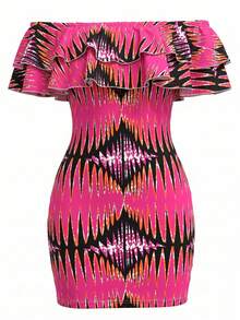 Elenzga Women's Elegant Fitted Off-Shoulder Ruffle Hem Print Bodycon Mini Dress, Summer - Multicolor - View 8