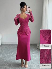 Modelyn Square Neck Lace Patchwork Button Waist Fitted Midi Dress For Women - Hot Pink - View 5