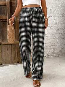 SHEIN Frenchy Quần nữ cạp chun họa tiết kẻ caro cổ điển, thích hợp cho dạo phố, phong cách đường phố, sân bay, thanh lịch, đi làm, nghỉ mát biển, tiệc cưới, lễ hội, phong cách Bohemian. - Nhiều màu - Xem 5
