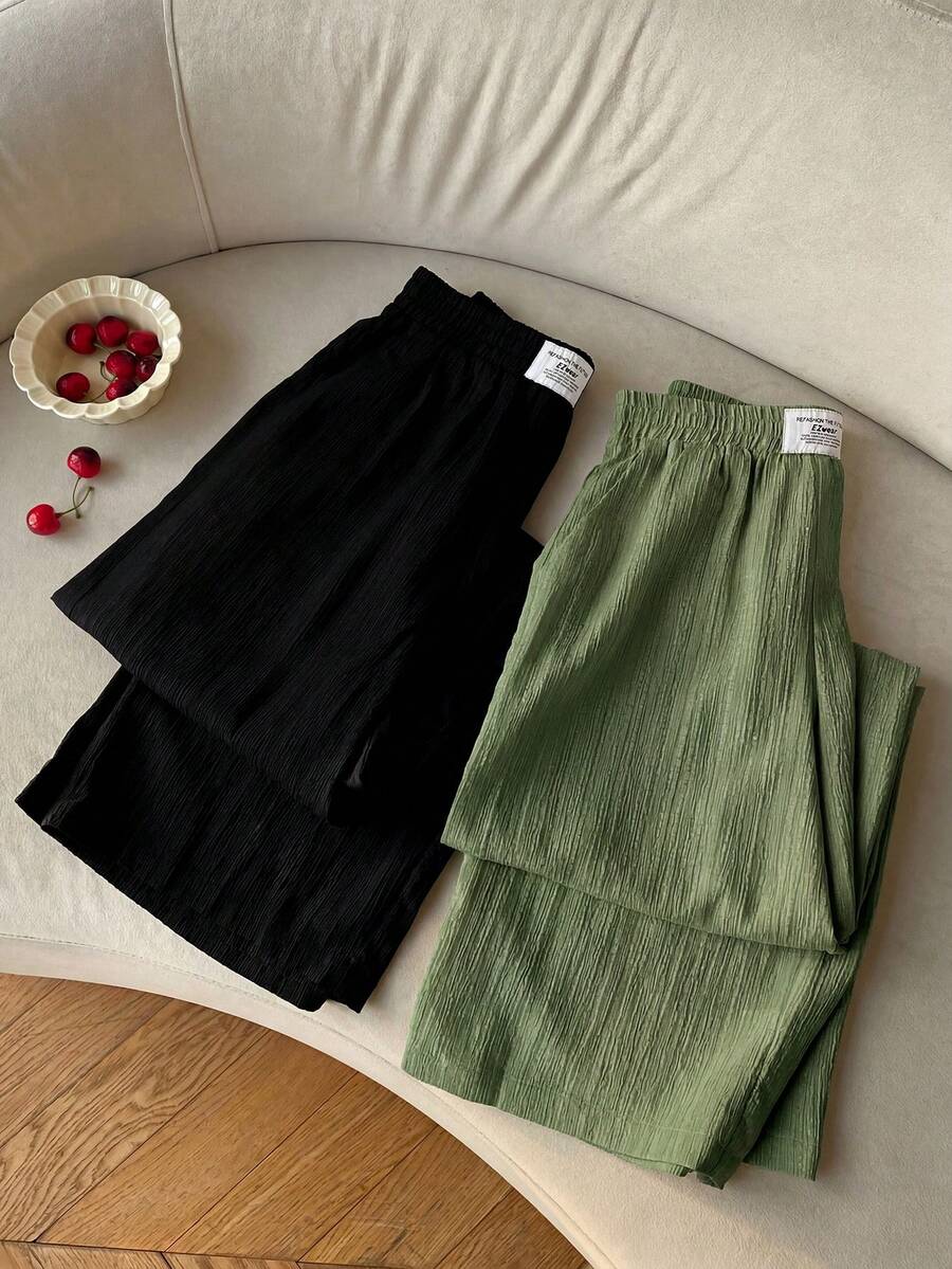 SHEIN EZwear 女士字母印花双色梭织阔腿裤套装 女士夏季长裤 女士半身裙 阔腿裤 女士高腰短裤 女士休闲半身裙 - 橄欖綠 - 查看 1