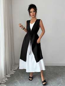 Rafferiza Women's Two-Piece Dress Set: Black Drawstring Long Shirt Dress, White Sleeveless Slim Fit Dress, Casual Commuter Two-Piece Dress, Elegant Dress, Black And White Dress, Summer Everyday Dress, Lace-Up Waist Slimming Dress, Casual Commuter Dress - Black and White - View 3