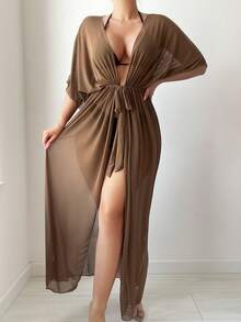 SHEIN Swim Kimono casual de mujer con cuello en V profundo, cintura ceñida, mangas tipo murciélago, para usar de cubrecosas en vacaciones de verano - Café integral - Ver 6