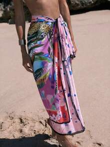 SHEIN Swim Tropical Print Knot Side Cover Up Skirt,Summer Beach - Multicolor - View 3