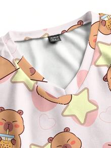 PopScrub Casual Minimalist Retro Elegant Commuting Versatile Warm Pink Star Pattern Cute Print Women's Uniform Top - Multicolor - View 4