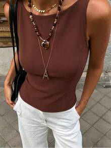 Cévolie Women's Summer Solid Color Minimalist Sexy Backless Halter Camisole - Rust Brown - View 3