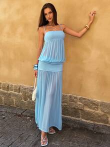 SHEIN BAE Women's Elegant Long Dress, Suitable For Beach Vacation, Elegant Outings, Beach Occasions, Blue Dress, Spaghetti Strap Blue Mesh Dress - Blue and White - View 4
