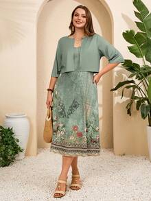 EMERY ROSE Plus Size Women's Sage Green Summer Floral Print Jacket & Camisole Dress 2pc Set,Modest Curve Outfits For Party,Wedding Guest,Vacation Boho Outfits - Green - View 5