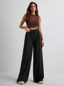 Women's Casual Solid Color Drawstring Waist Wide Leg Pants - Black - View 6