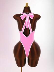 Amplova 1pc Women's Black & White Contrast Color Sexy Bodysuit, Tight-Fitting One-Piece Swimsuit With Deep V-Neck, Open Back And Bowknot, Suitable For Valentine's Day High-End Outfit - Pink - View 3