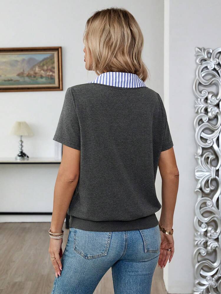 Women's Striped Patchwork Shirt Collar Short Sleeve Casual T-Shirt Summer Top Summer Outfit For Women Casual Blouses For Women Holiday Outfits For Women Summer Holiday Outfits Office Outfits For Women Cotton Tops For Women Women's Cotton T-Shirt T Shirts For Women Short Sleeve T-Shirt For Women