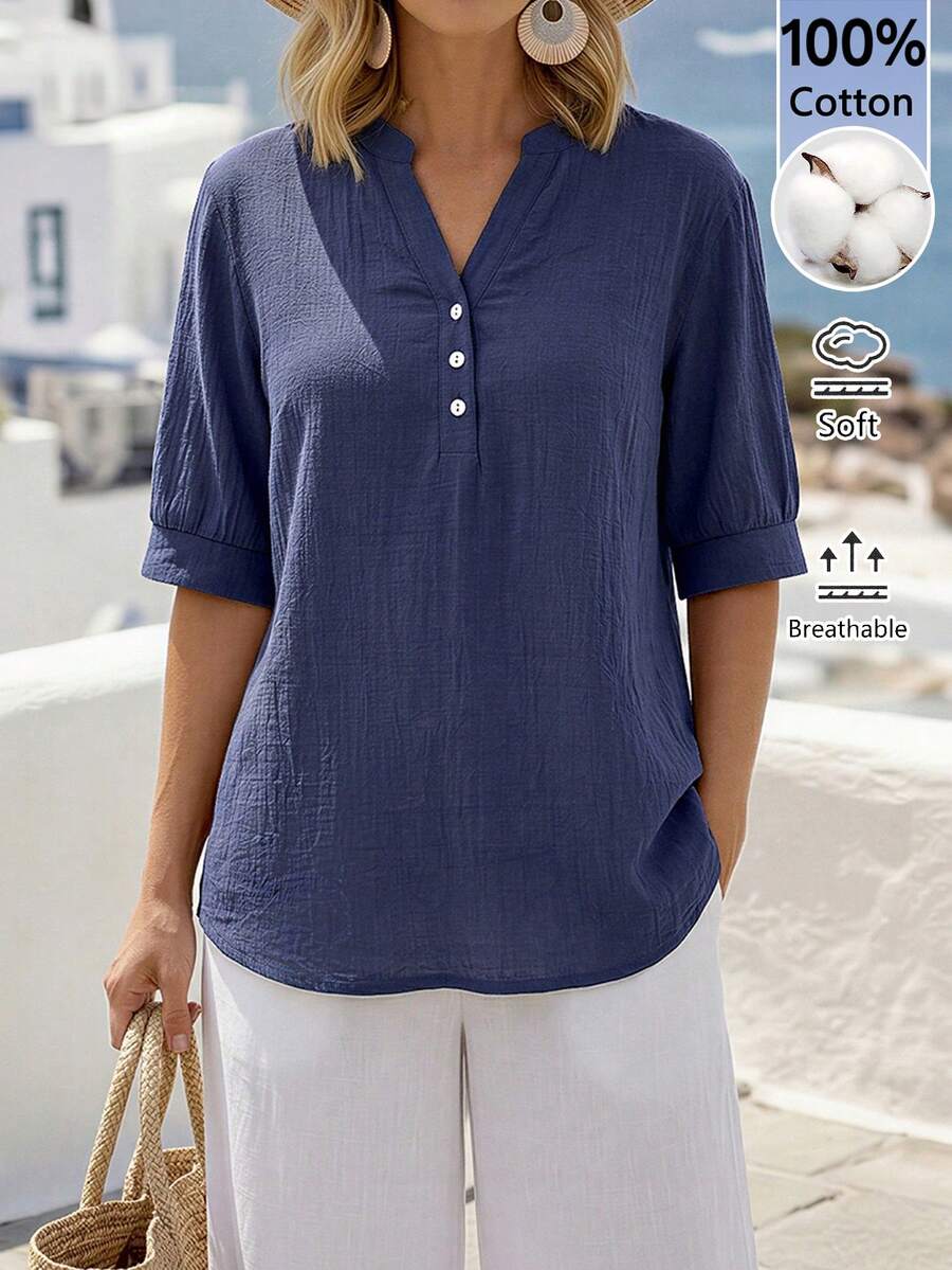 Faunlyn 女士休闲纯色纽扣短袖衬衫 - 藍色 - 查看 1
