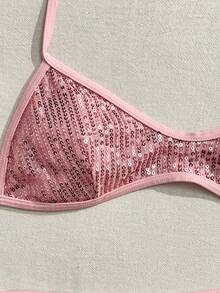 SHEIN Swim Vcay Bộ bikini gợi cảm thắt dây, đính sequin, có thể điều chỉnh dây, dành cho nữ, thích hợp cho kỳ nghỉ biển mùa xuân/hè. - Hồng - Xem 7