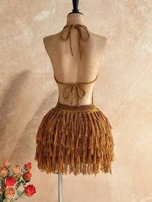 SHEIN WYWH Vestido de suéter ajustado con escote en V, cuello halter y espalda descubierta, estilo bohemio, para vacaciones, otoño/invierno - Multicolor - Ver 2