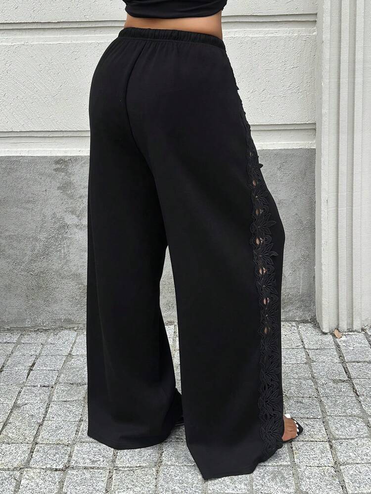 Dazy Plus Plus Size Women's Solid Color Contrast Lace Elastic Waist Loose Casual Pants, Suitable For All Seasons, Black