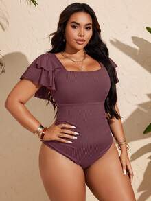 Swim Chiccia Maillot de bain une pièce avec manches à volants et pétales, grande taille - Prune - Voir 4
