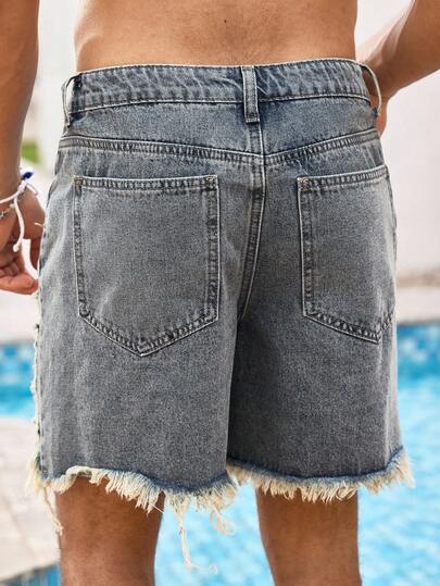 Manfinity RebelGame Men's Fashionable Versatile Distressed Frayed Pocket Denim Shorts, Vacation, Father's Day Gifts
