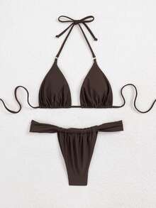 Swim Basics Women's Summer Beach Solid Color Halter Tie Sexy Bikini Swimwear Set - Coffee Brown - View 1