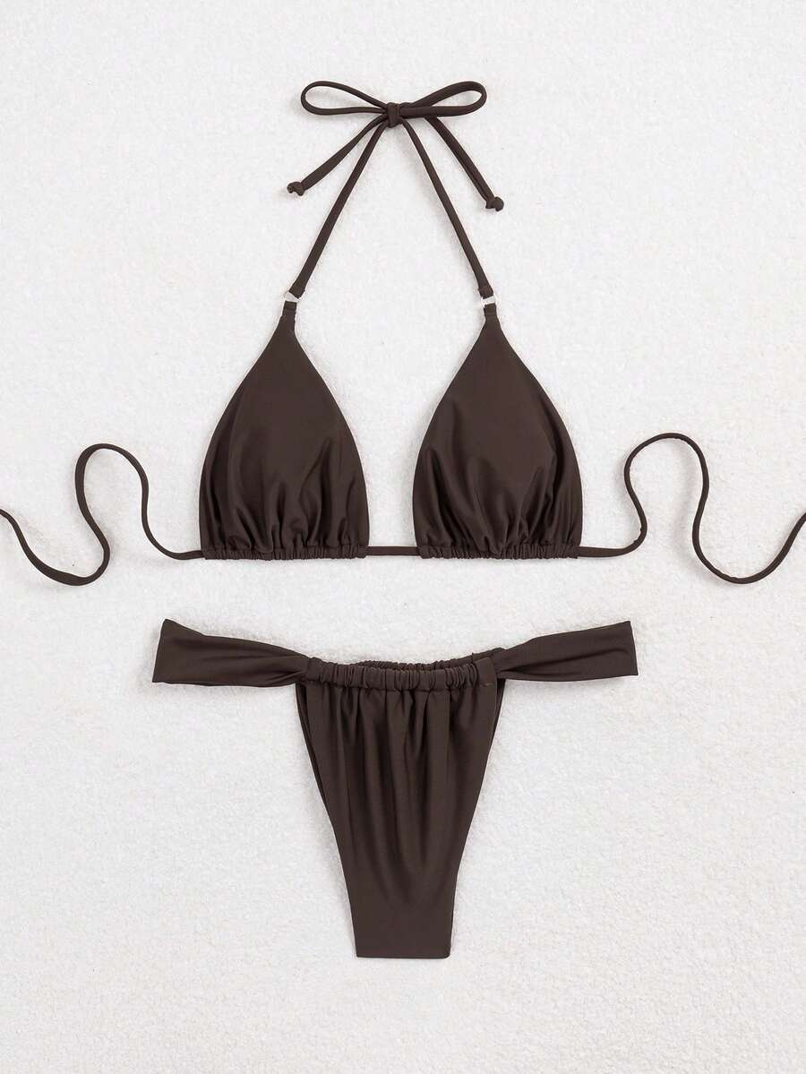 Swim Basics Women's Summer Beach Solid Color Halter Tie Sexy Bikini Swimwear Set - Coffee Brown - View 1