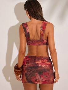 SHEIN BAE 扭结无袖豹纹链条装饰夏季套装 - 棕色 - 查看 2