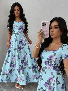 SHEIN Elenzya 女士花卉玫瑰印花方领褶皱A字泡泡袖优雅日常/度假/通勤时尚情人节约会法式街头复古百搭派对连衣裙，白色底红色玫瑰图案，早春/春夏新款短袖中长连衣裙 - 彩色 - 查看 1