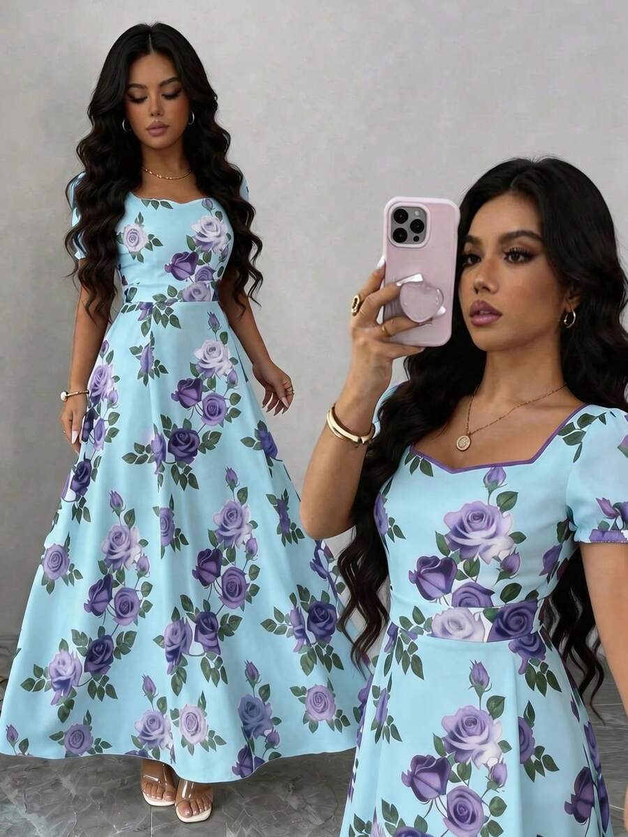 SHEIN Elenzya 女士花卉玫瑰印花方领褶皱A字泡泡袖优雅日常/度假/通勤时尚情人节约会法式街头复古百搭派对连衣裙,白色底红色玫瑰图案,早春/春夏新款短袖中长连衣裙 - 彩色 - 查看 1