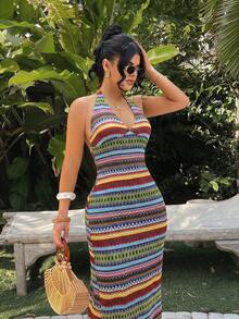 Vestido de tubo con cuello halter a rayas coloridas para mujer de talla grande - Multicolor 3 - Ver 3