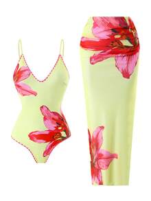 SHEIN Swim Oasis Bộ đồ bơi liền thân không gọng, dây mảnh, cạp cao, in kỹ thuật số, kèm chân váy dài bằng lưới, thích hợp cho kỳ nghỉ biển mùa xuân/hè. - Màu vàng - Xem 2