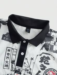 ROMWE MEN Anime Men's Street Style Japanese Print Polo Shirt, Suitable For Spring/Summer - White - View 3