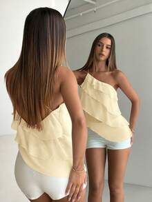 Aloruh 春夏新款优雅浪漫约会之夜情人节婚礼季粉色雪纺单肩露背层叠荷叶边上衣，性感沙滩荷叶边上衣，婚礼服，优雅浪漫粉色衬衫 - 米色 - 查看 2