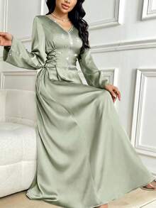 Al Najma 女士水钻花朵装饰侧系腰带优雅阿拉伯风格连衣裙 - 綠色 - 查看 6