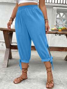 Breezaya Plus Size High Waist Drawstring 7/8 Pants, Spring/Summer - Blue - View 5