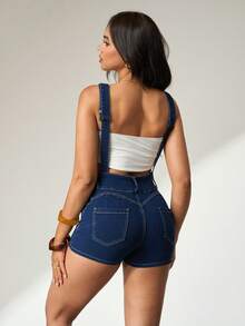 Flexra Quần yếm denim nữ kiểu dáng thường ngày - Màu xanh lam - Xem 2